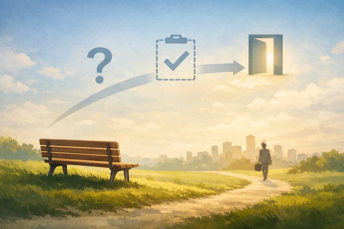 手前の空いたベンチから奥の街へ続く道と小さな人物がある柔らかな風景イラスト