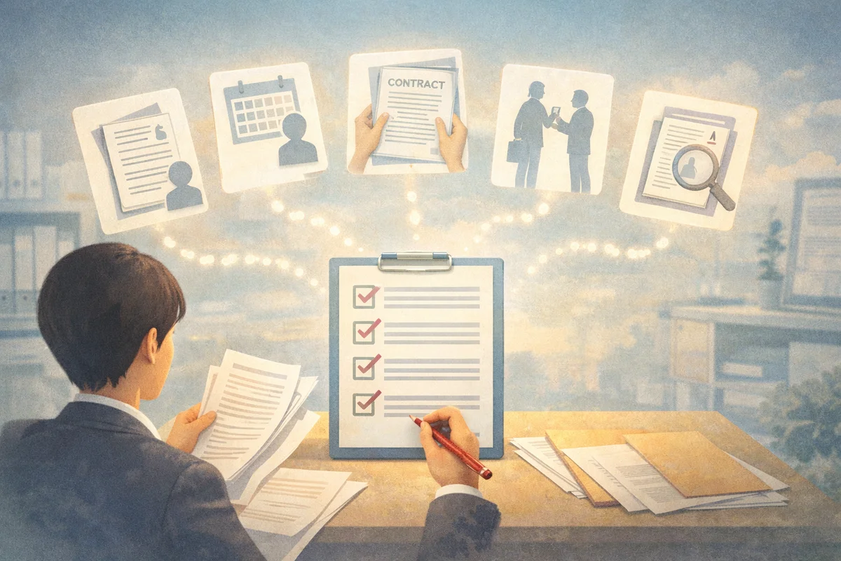 手前のベンチから奥の街へ続く道と小さな人物、空に確認の印が浮かぶ風景イラスト