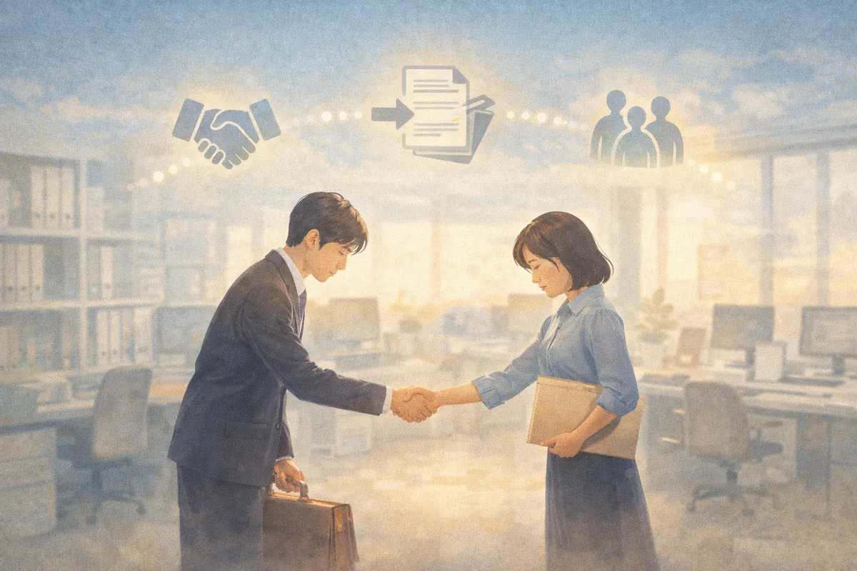 明るいオフィスの中央で握手する二人と、奥へ広がる整った職場空間を描いたイラスト