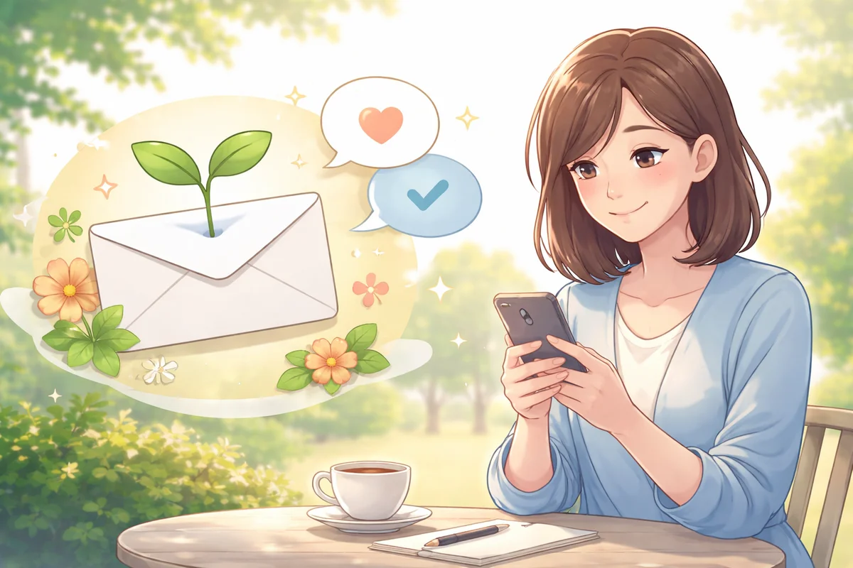 屋外カフェでスマホを見る女性のそばに、芽が出た封筒の象徴がやわらかく浮かぶ明るいイラスト