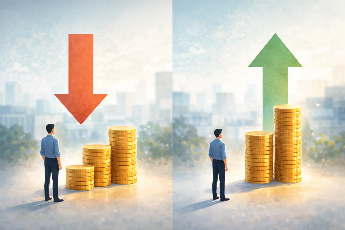 コインの山と上下の大きな矢印が左右に並び、給与の増減イメージを対比的に示す明るいイラスト