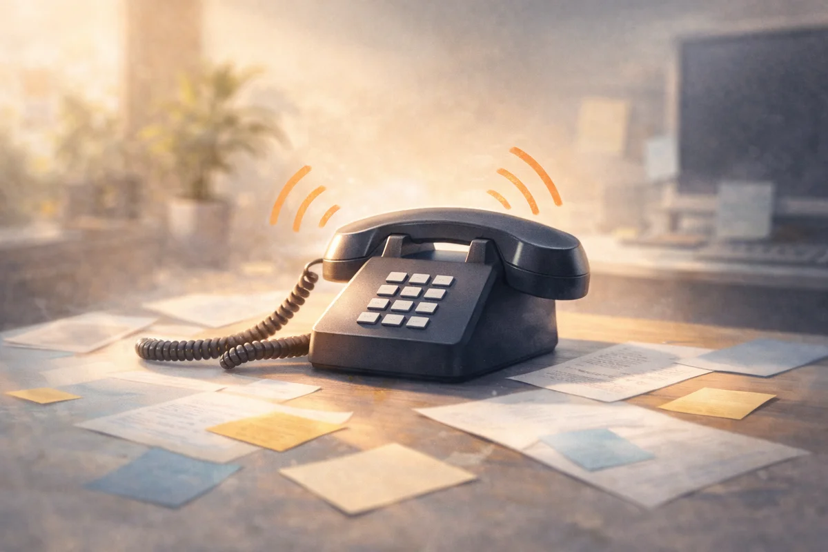 書類が散らばる机の中央で黒電話が鳴り、急な連絡や確認の必要性を感じさせる奥行きのあるイラスト