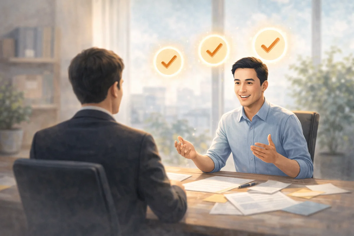 面談前の静かな机上に整えられた書類とメモが置かれ、準備の積み重ねを感じさせる明るいイラスト