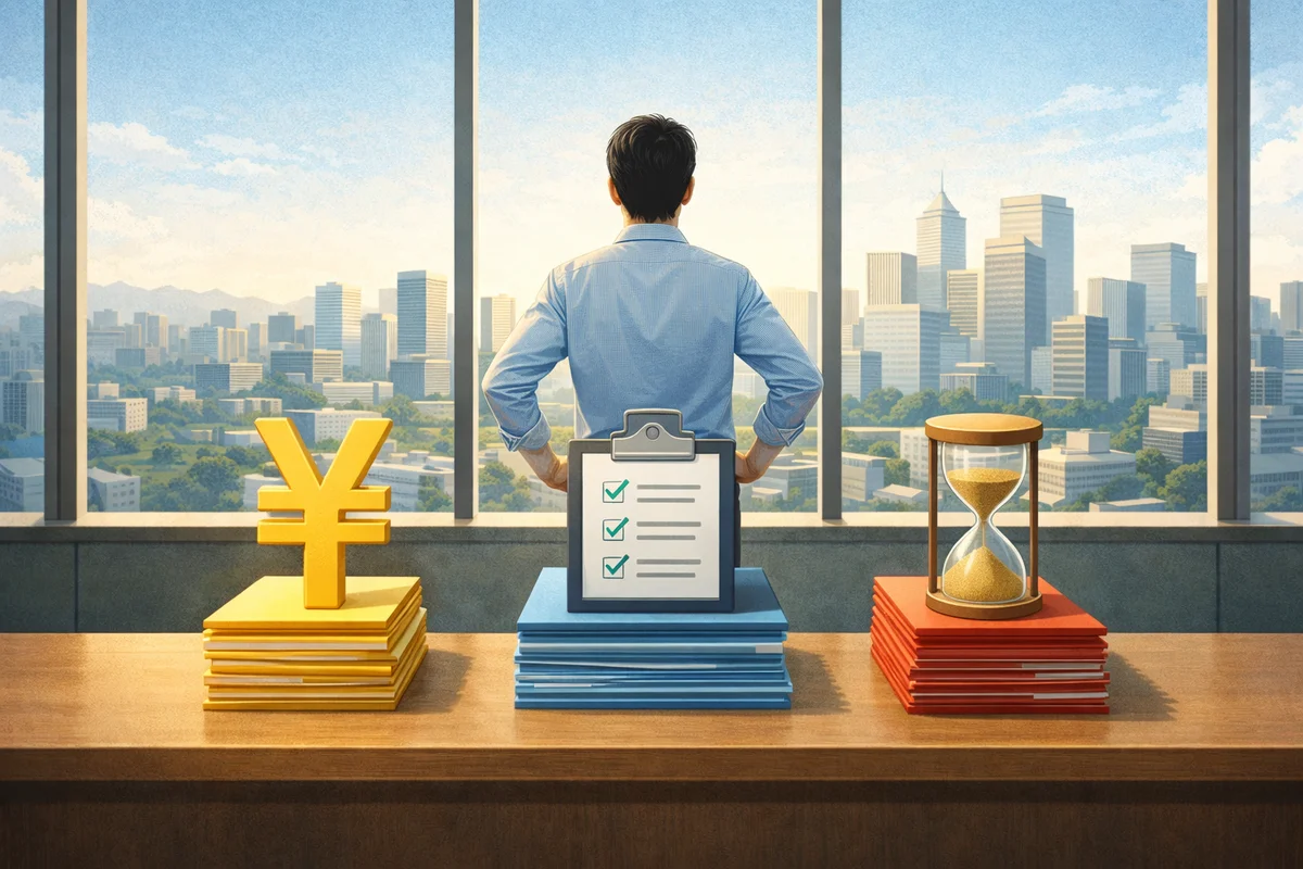 窓辺の机に給与・業務・期間を示す三つの象徴物が並び、奥に街並みが広がる静かな室内風景