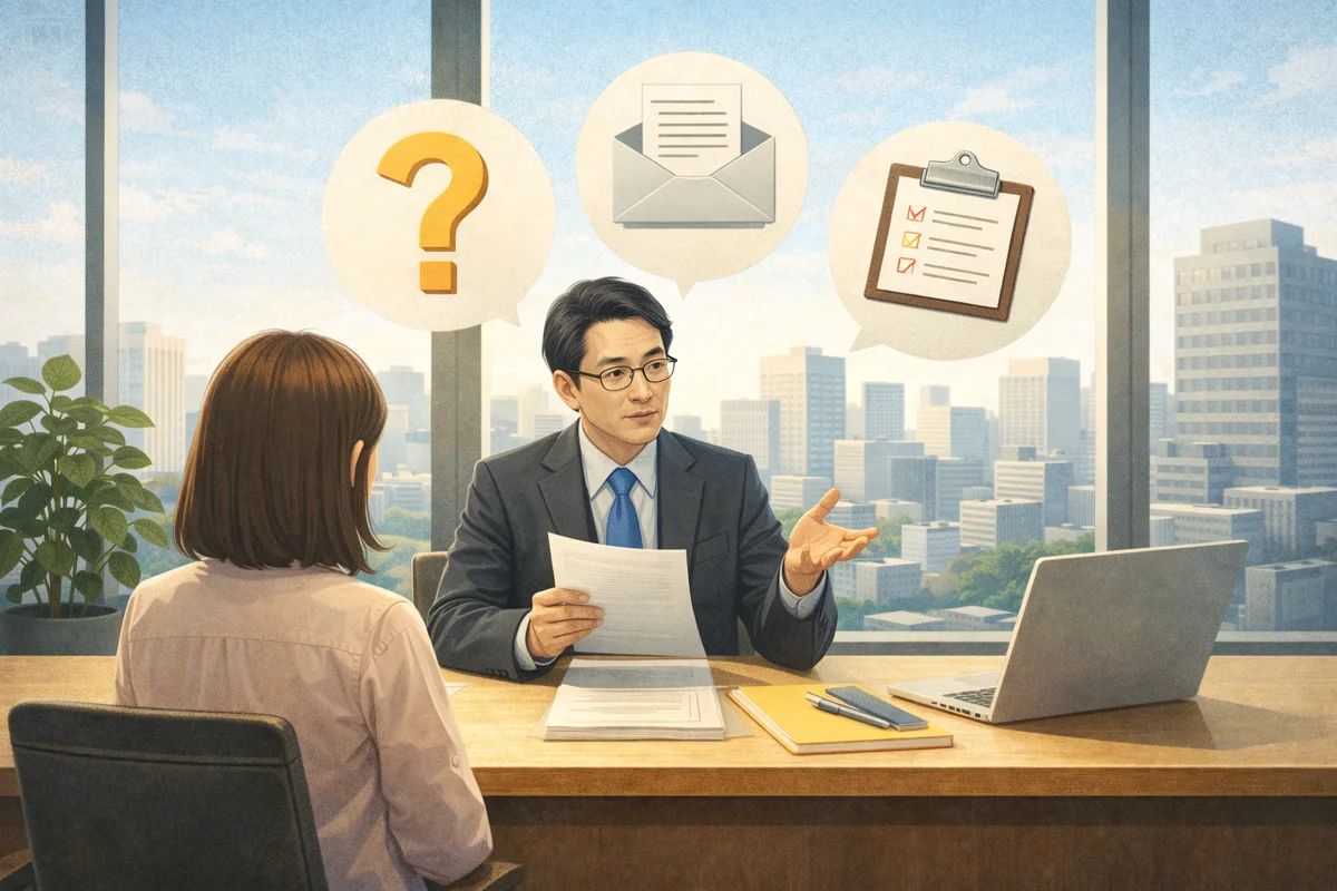 机越しの面談で書類を持つ人物が説明し、質問や記録を示す象徴が上に浮かぶオフィス風景