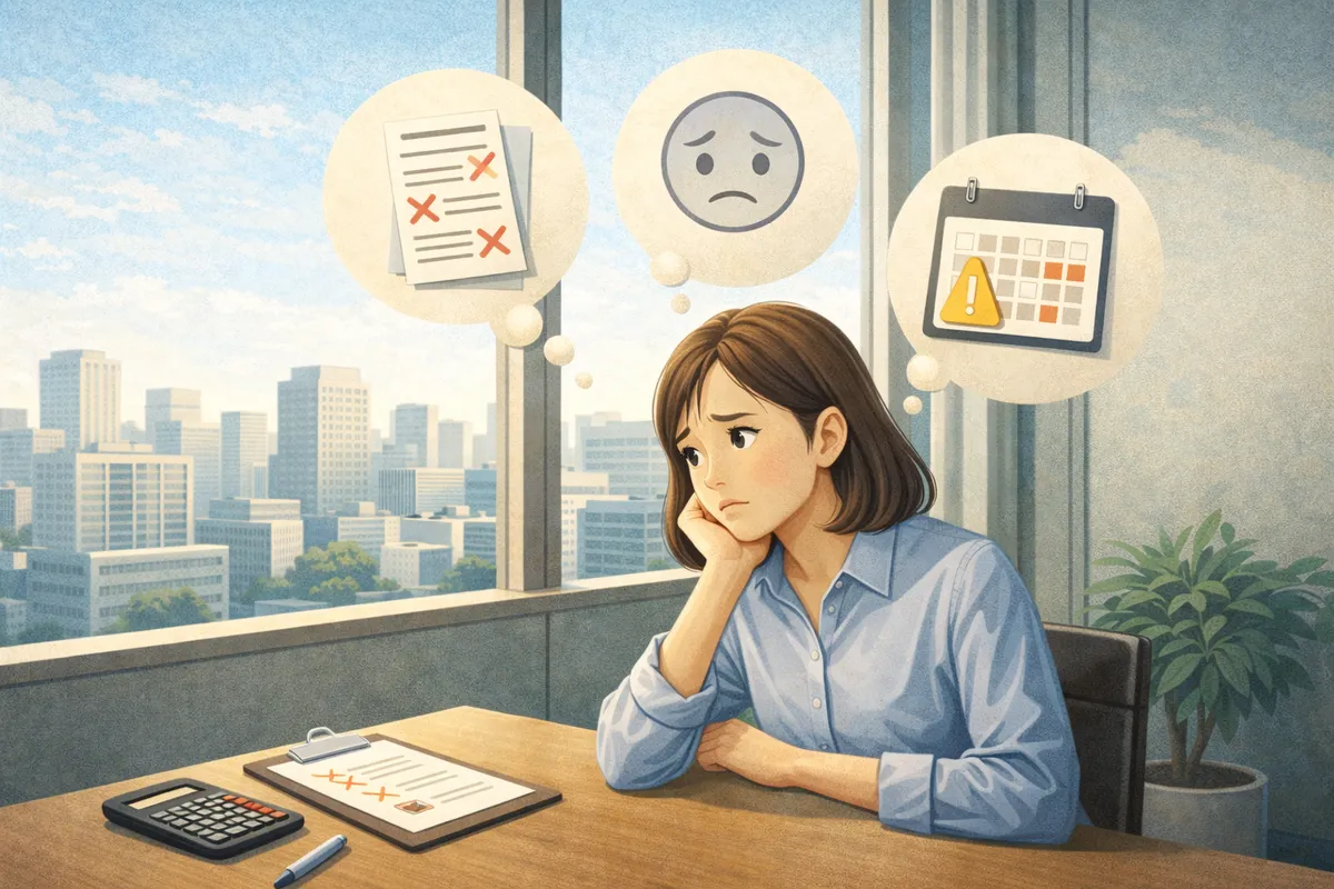 窓辺の机に置かれた書類を前に一人で座り、奥の街並みへ視線が抜ける静かなオフィス風景