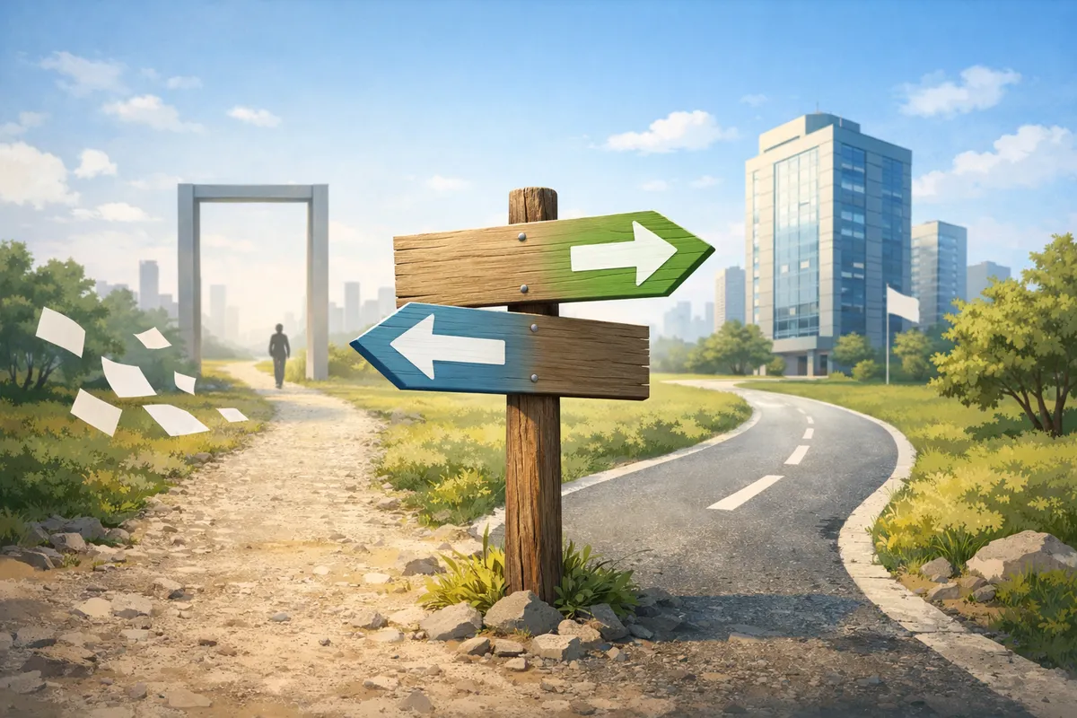 分岐のない一つの空間に、異なる質感の道と遠景の建物が奥行きで配置された静かなイラスト