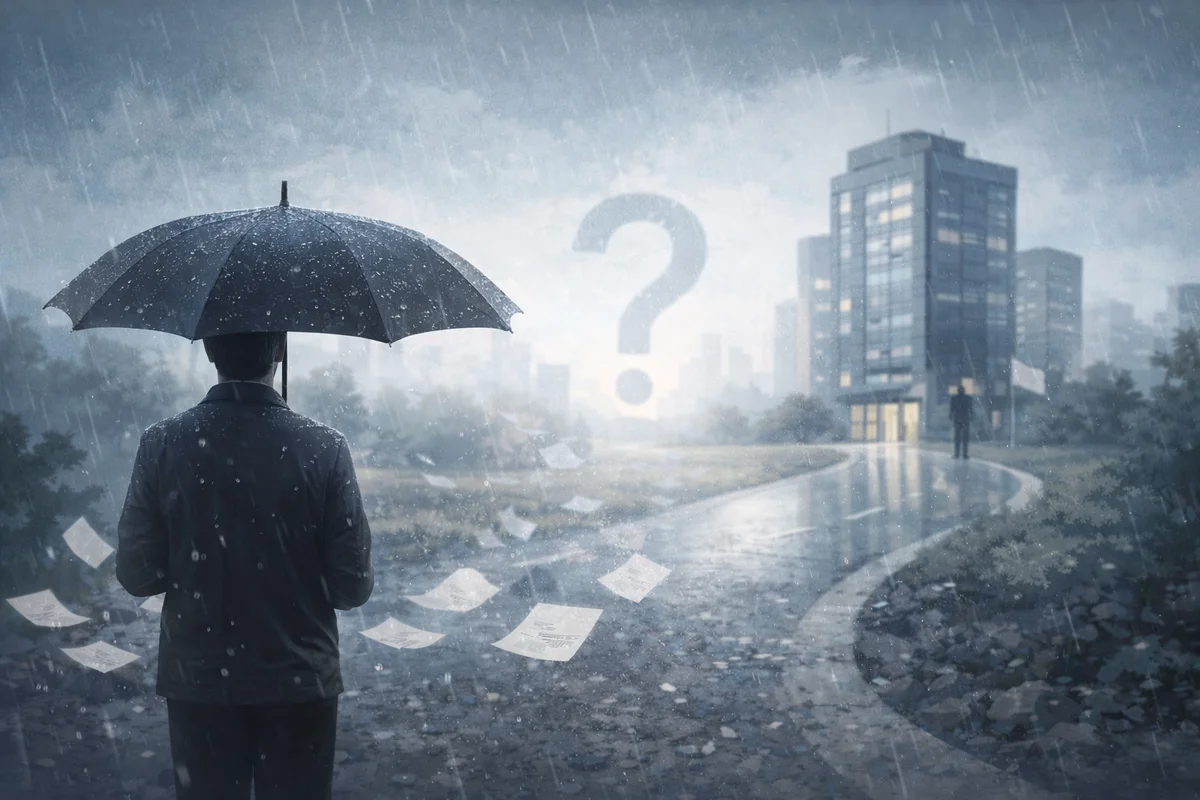 雨の道に立つ人物と遠くの社屋を、にじむ光と奥行きで不安定な状況として描いたイラスト