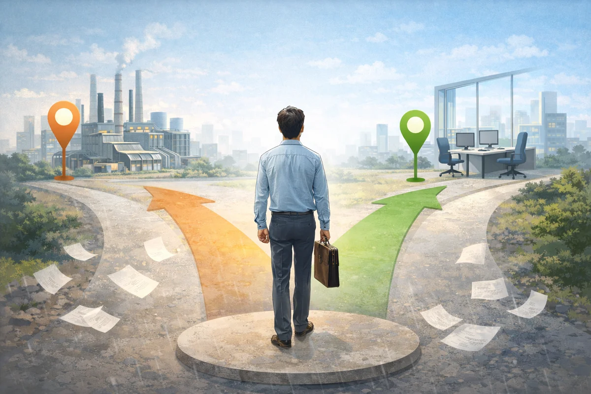 中央の人物の先に異なる職場風景が奥へ続き、行き先の揺れを空間で示したイラスト