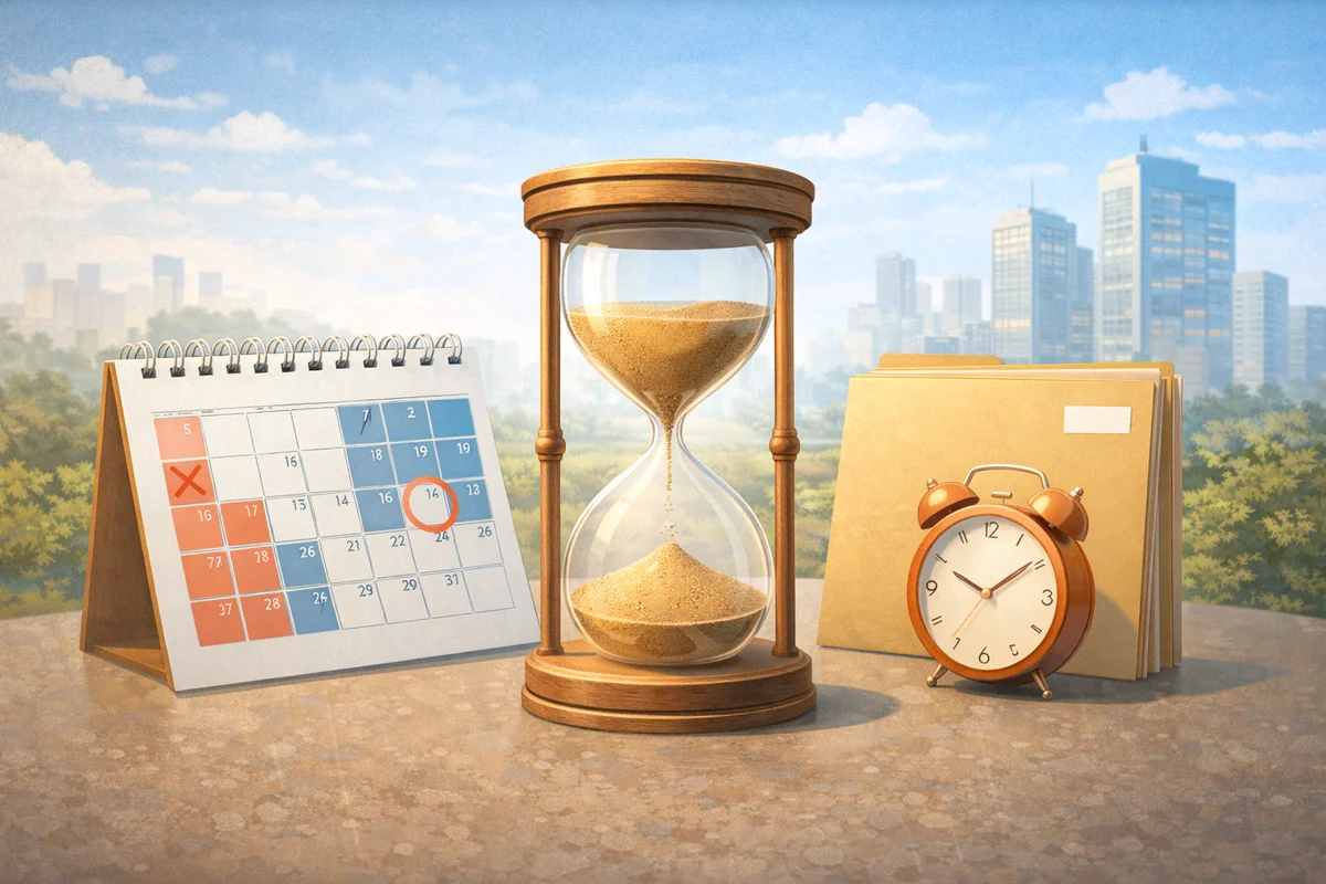 砂が落ちる砂時計を中心に、予定表と書類が静かに並び、申込み時期を奥行きで表したイラスト