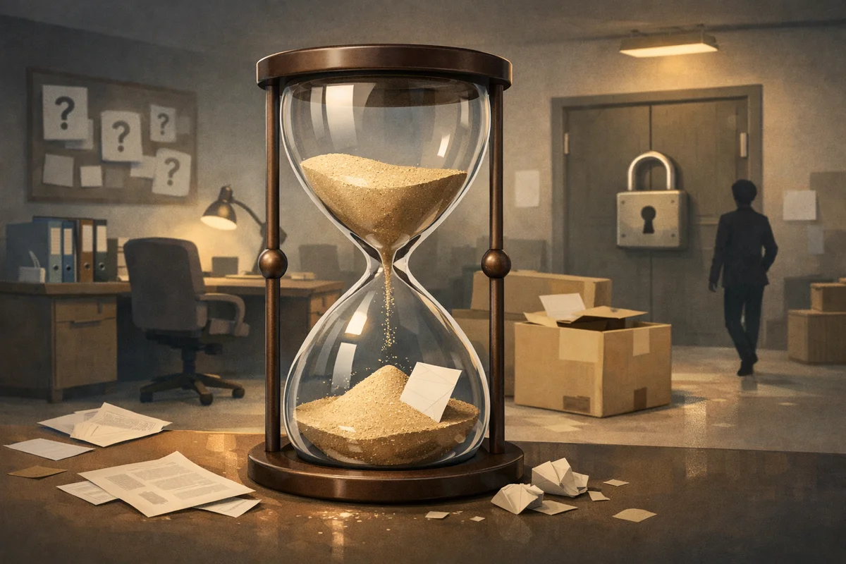 砂時計を主役にした静かなオフィス空間の奥で、出口へ向かう人影が遠ざかる構図