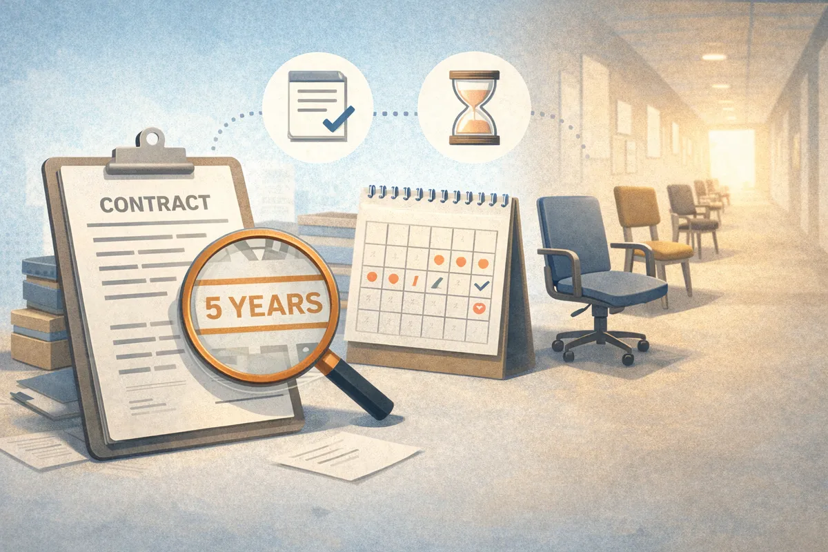 契約書とカレンダーが手前に置かれ、椅子が並ぶ通路の奥へ視線が伸びる確認イメージ