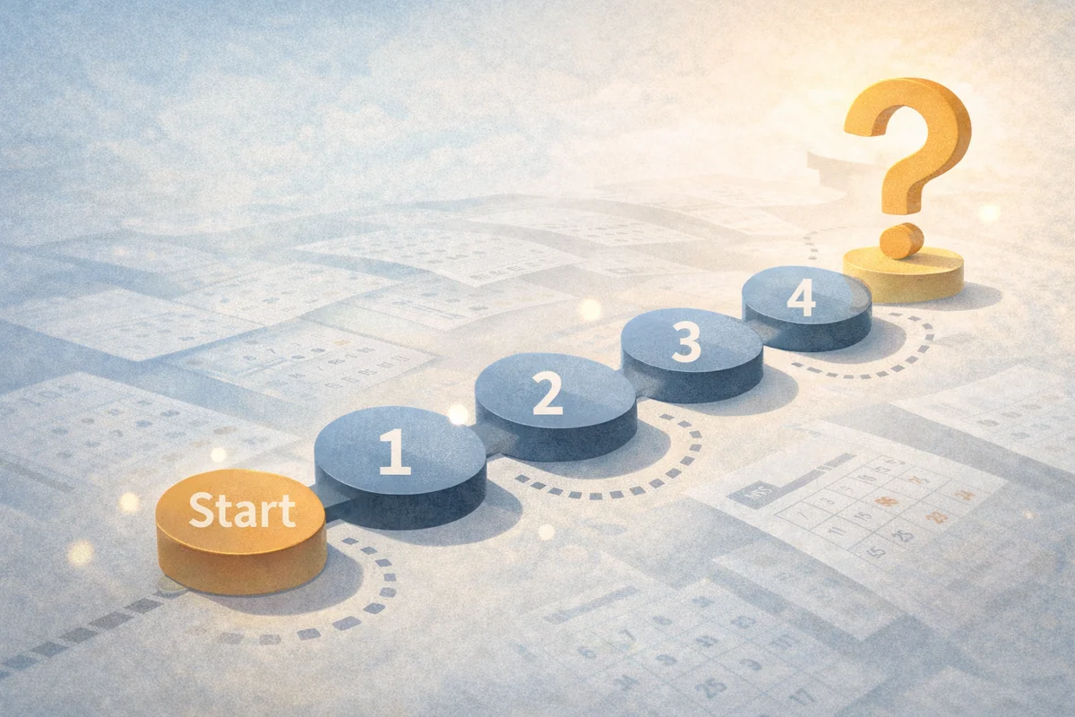 手前の起点から段状の目印が奥へ続き、最後に大きな疑問符が置かれた時間経過のイメージ