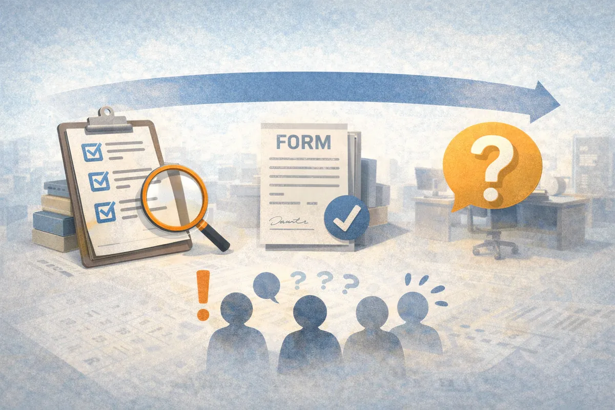 書類や確認用の道具が手前に集まり、やわらかな奥行きの中で全体像をつかむ流れを示す構図