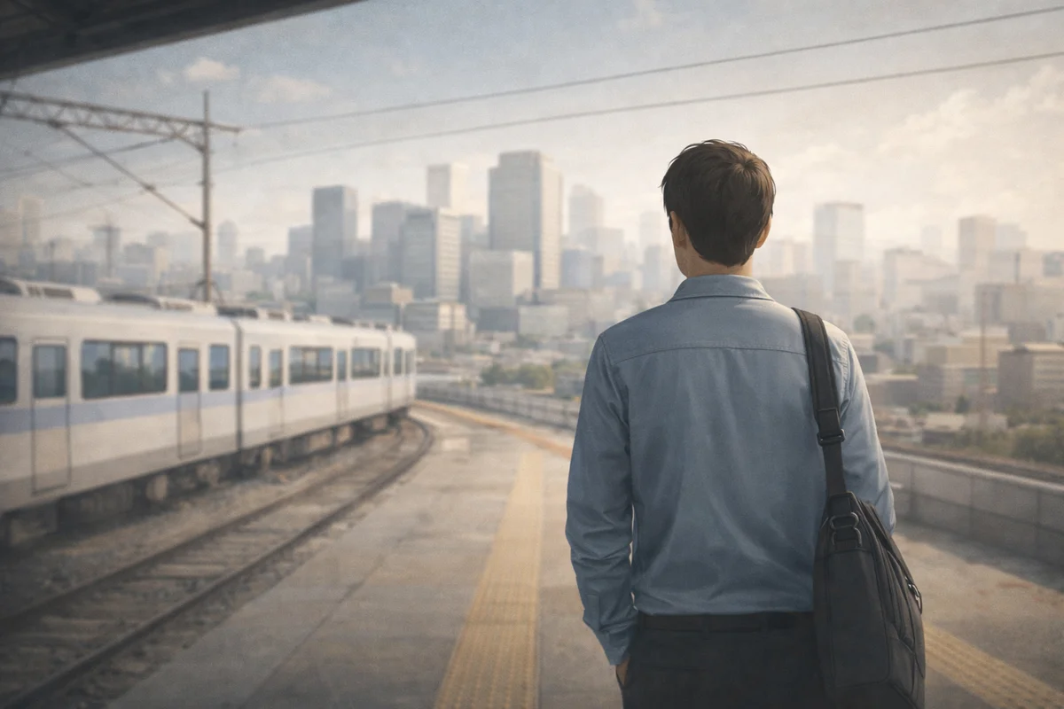 駅ホームに立つ人物の先へ、カーブする線路と都市景観が奥へ続く静かで広がりのある風景