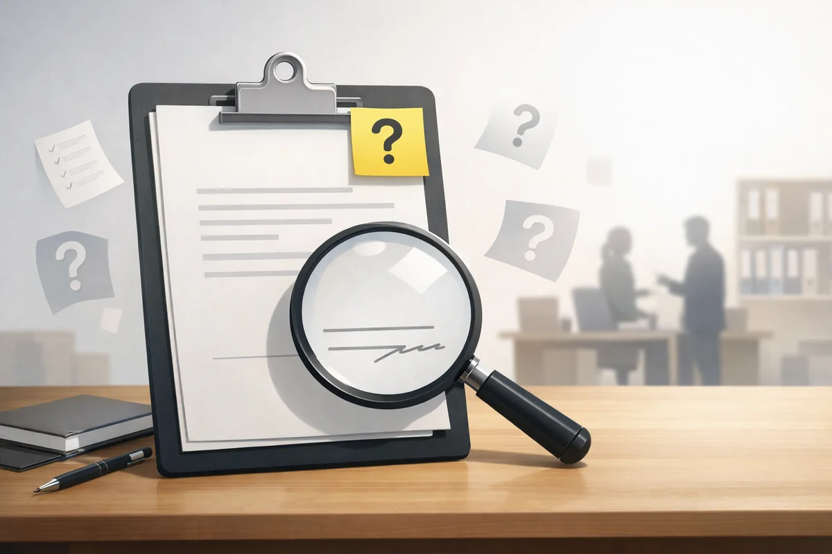 契約書を載せたクリップボードと拡大鏡が手前にあり、奥に相談中の執務室がぼけて広がる