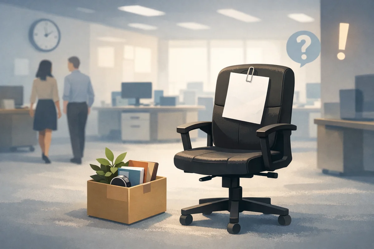 静かなオフィスの前景に椅子と荷物箱が置かれ、奥にぼんやり執務空間が広がるイラスト