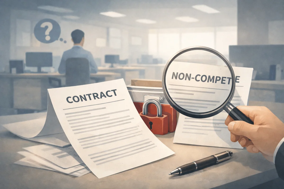 机上に契約書類と虫眼鏡、鍵付きケースが置かれ、奥に静かなオフィス空間がぼんやり広がるイラスト