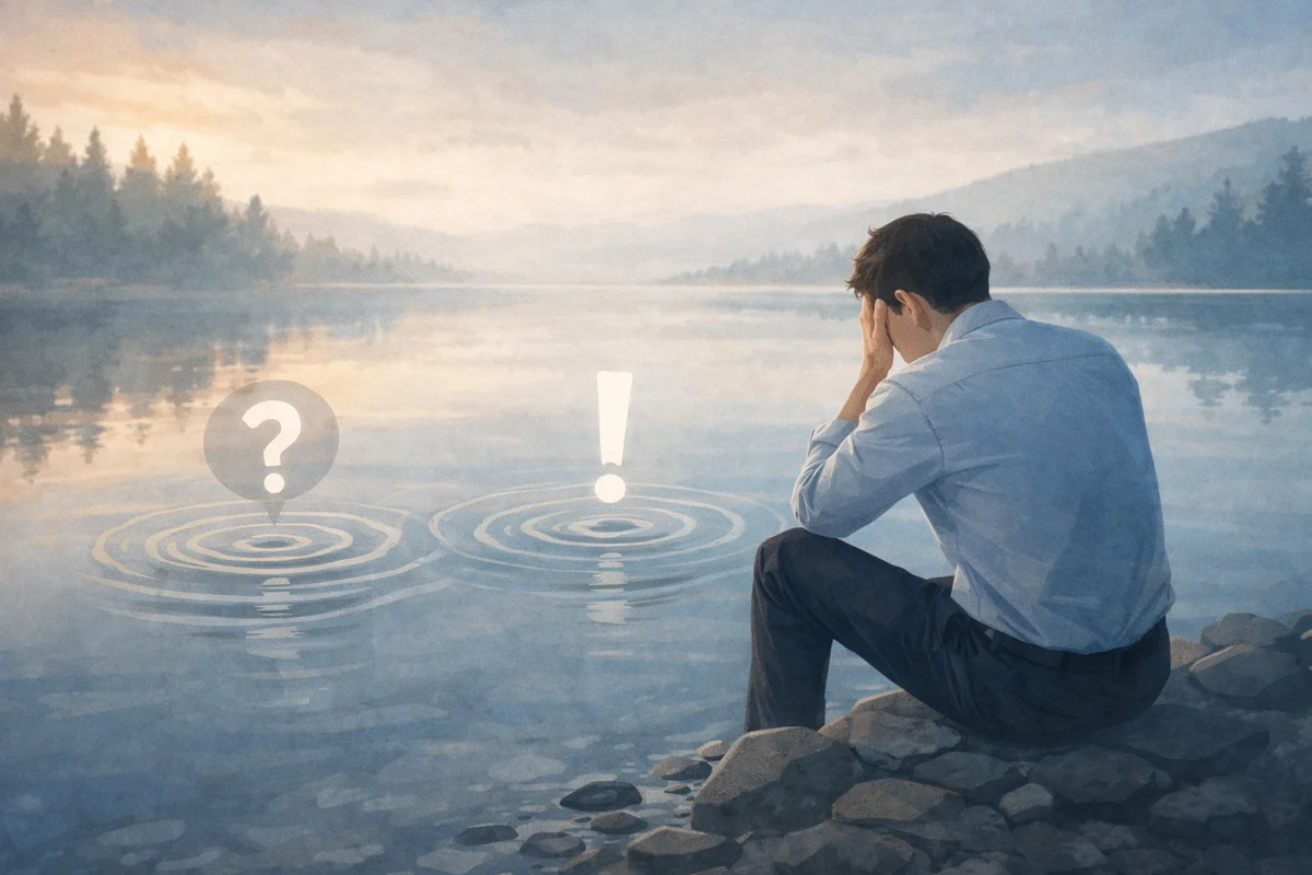 湖畔の岩に座る人物の前に静かな水面が広がり、遠くの山並みへ淡い光が抜けるイラスト