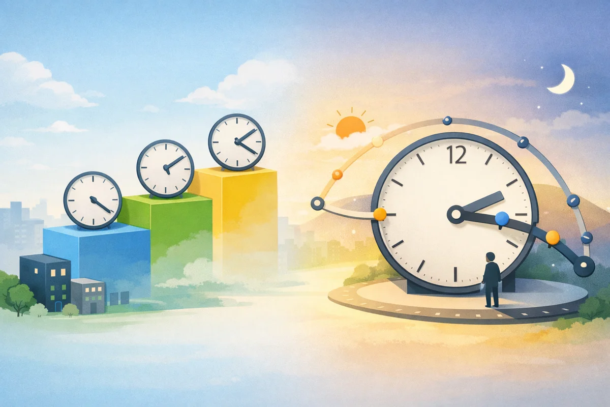 異なる時刻の時計が段状に並ぶ空間と大時計の奥行きで、働き方の時間設計の違いを映したイラスト