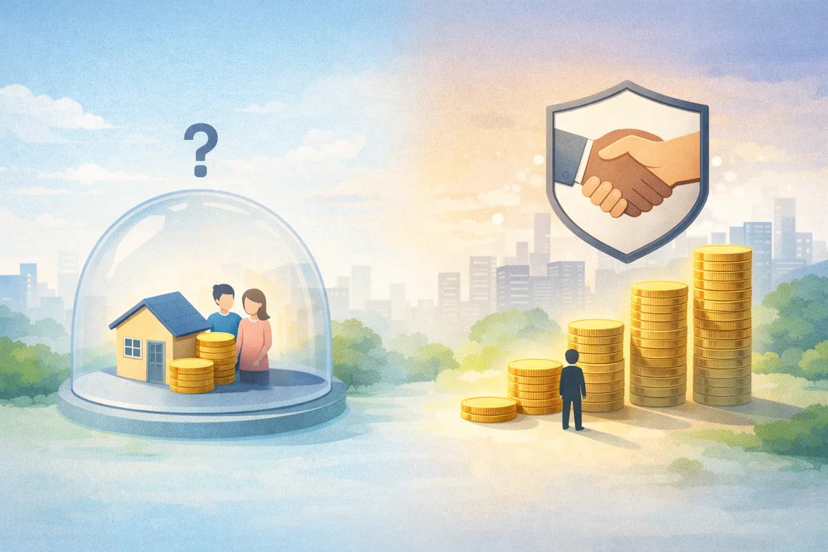 保護された家と積み上がる硬貨が奥へ続き、扶養内と保険加入の判断条件の違いをにじませるイラスト