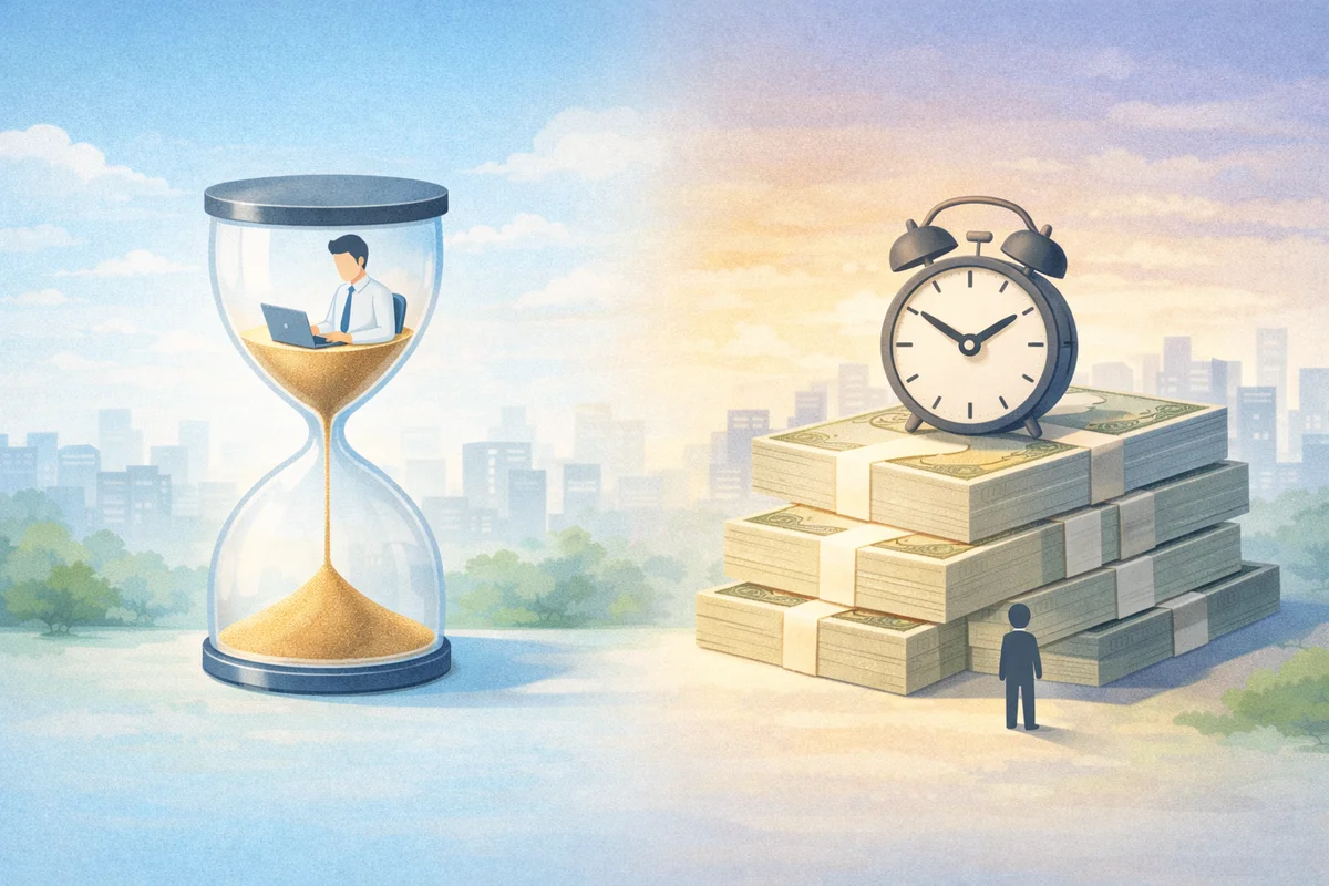 砂時計の中の作業空間と紙幣上の時計が奥へ並び、時間管理と賃金設計の混同を映すイラスト