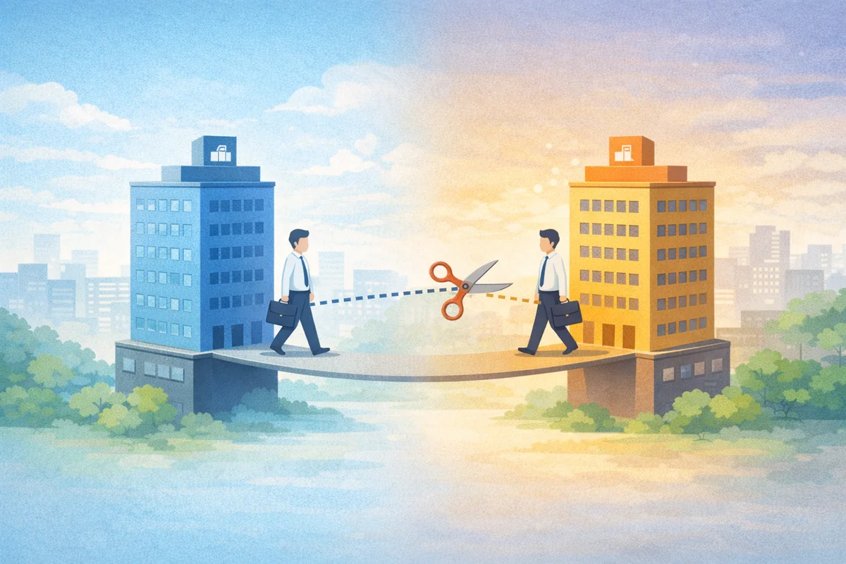 二つの高層ビルをつなぐ通路上で関係の切り替わりが示され、雇用のつながりの変化を映すイラスト