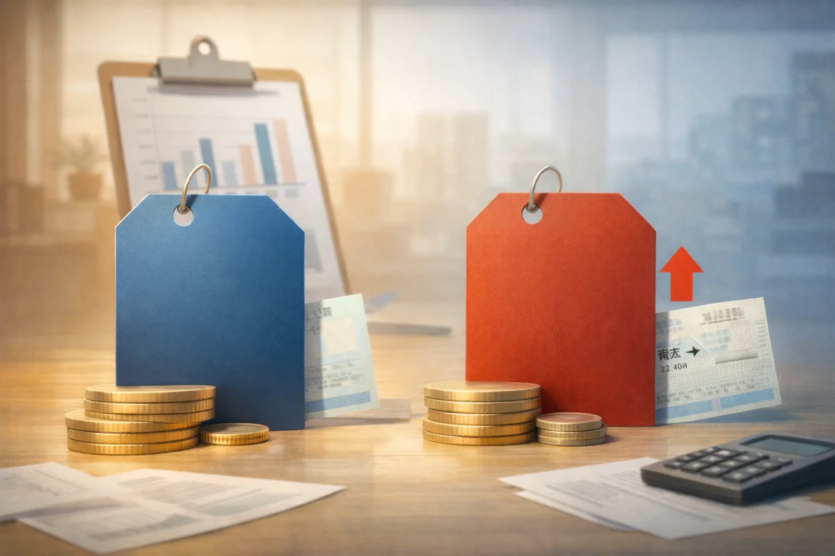 机上に並ぶ無地の札と硬貨、奥にぼけた交通費の気配があり、時給だけでは見えない負担差を示すイラスト