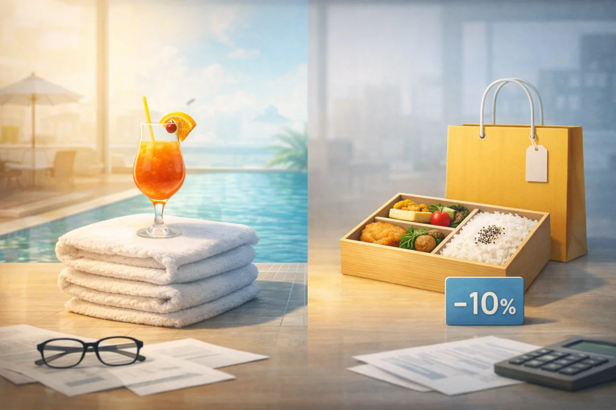 リゾート風景と弁当・紙袋が一枚に並び、福利厚生の違いを実感ベースで示す室内イラスト