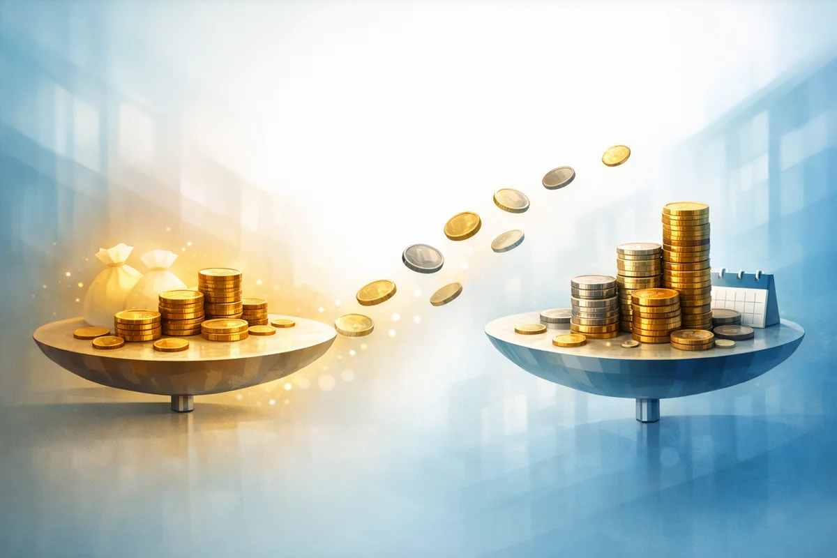 二つの受け皿に積まれた硬貨の量と奥行きで、働き方ごとの収入差を静かに示すイラスト