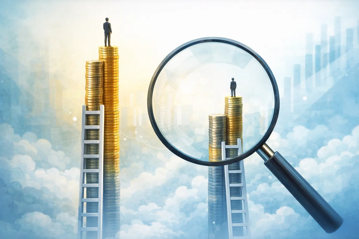 雲上に立つ拡大鏡と異なる高さの硬貨の塔が、正社員と契約社員の年収差の見方を示すイラスト