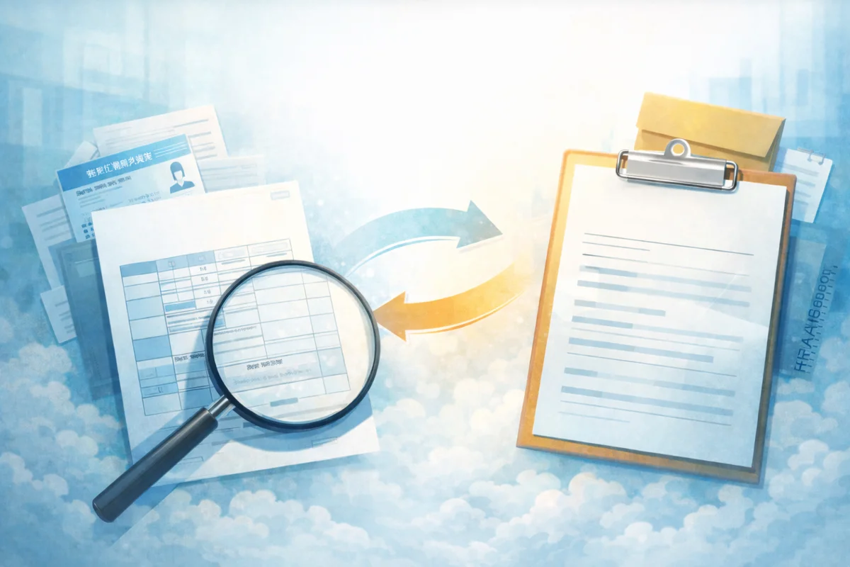 拡大鏡のある複数の書類束とクリップボードが、退職後に必要な書類整理の流れを示すイラスト