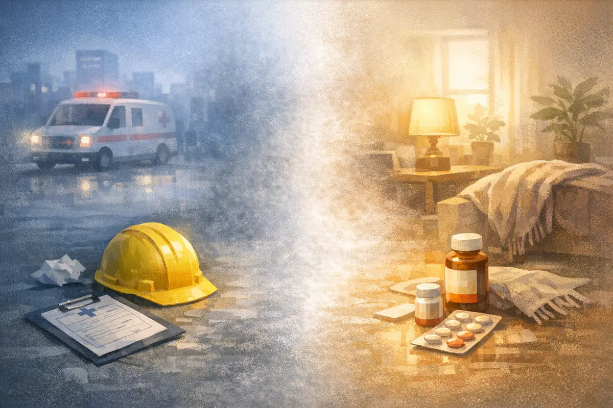 仕事現場から療養の室内へ奥行きでつながる一つの空間に、防護帽と薬瓶が離れて置かれたイラスト