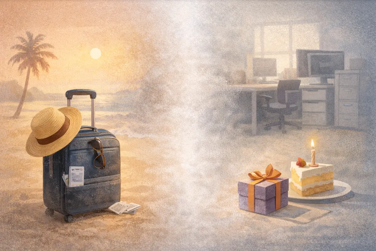 位置づけの異なる休暇申請の束が、同じ棚の中でわずかに間隔を空けて並ぶイラスト