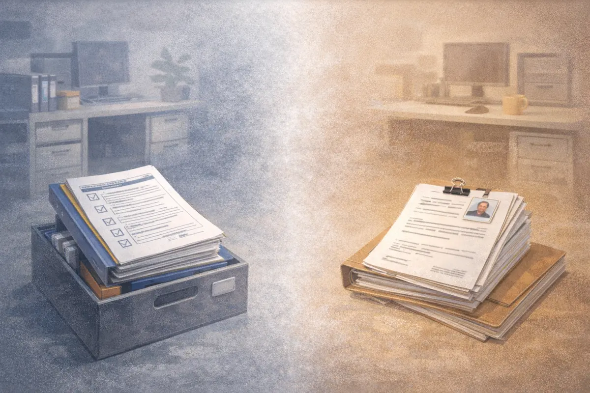 実務棚の奥行きの中で記録用紙と条件明示の書面が前後に重なり、用途の違いを感じるイラスト