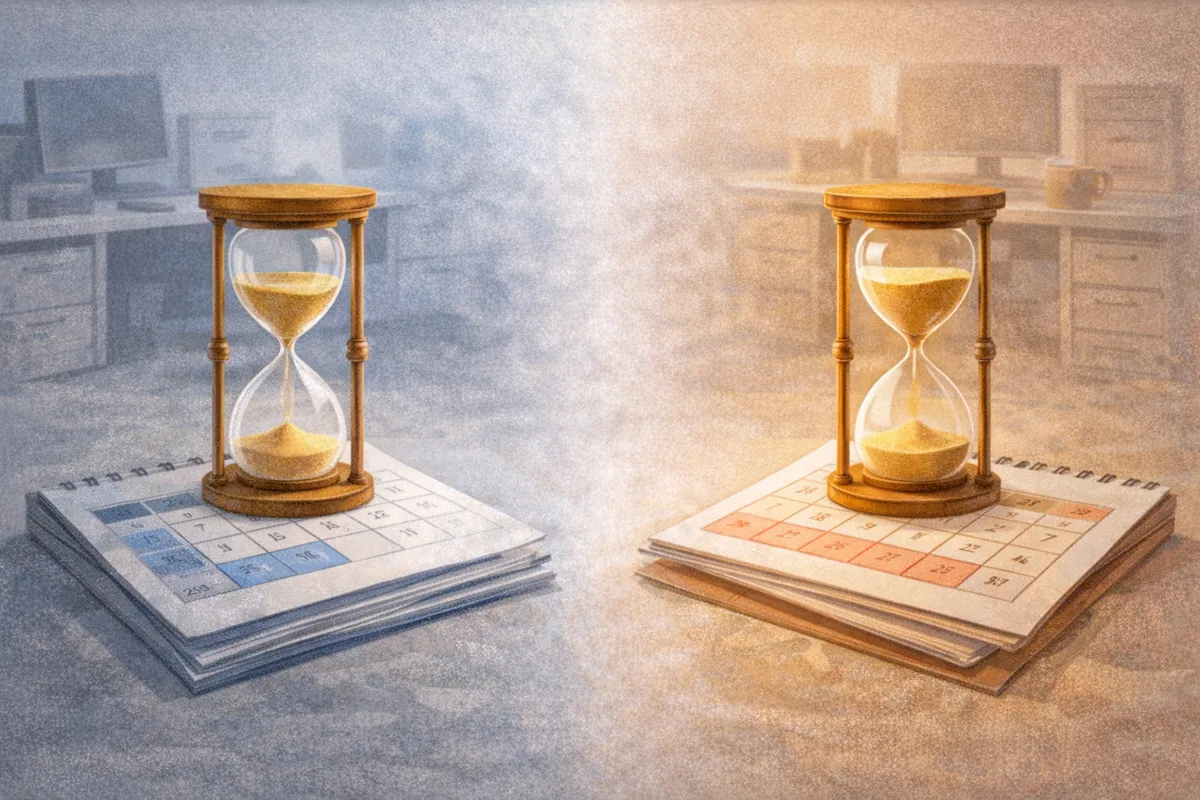 奥へ続く作業空間に、仮置きの名札と期限付きの書類束が前後にずれて置かれたイラスト