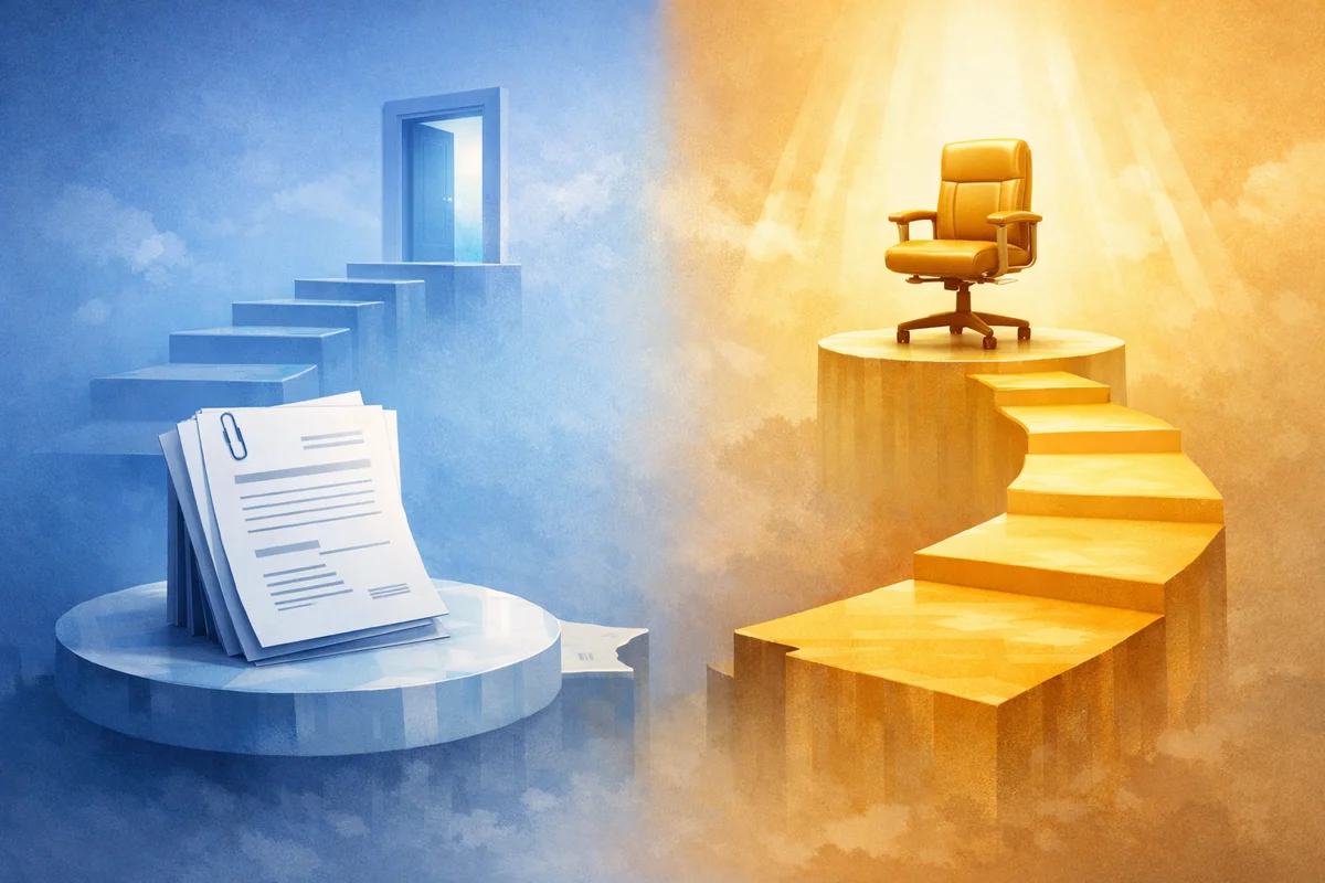 書類の束と椅子へ続く異なる奥行きの通路が、二つの制度の違いを静かに示す横長イラスト