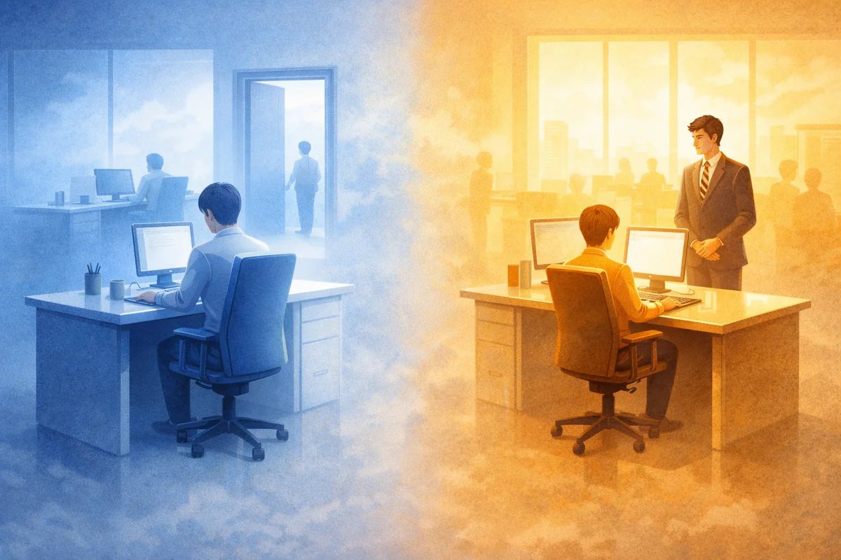 同じオフィス空間の奥で指揮系統の違いがにじむ、静かな距離感を描いた横長イラスト