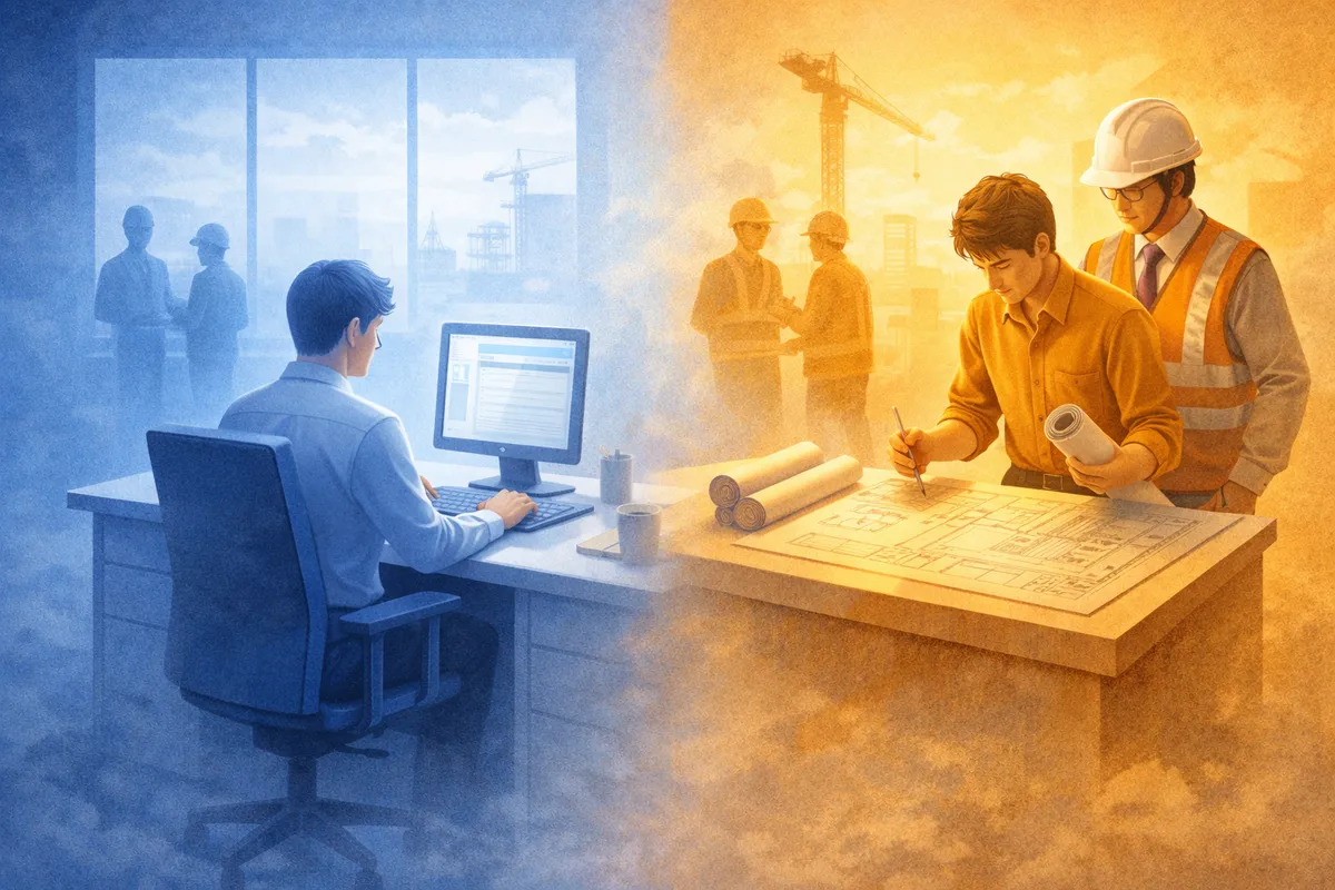 青と橙の異なる作業空間の奥で、指示の流れと役割の混同がにじむ横長イラスト