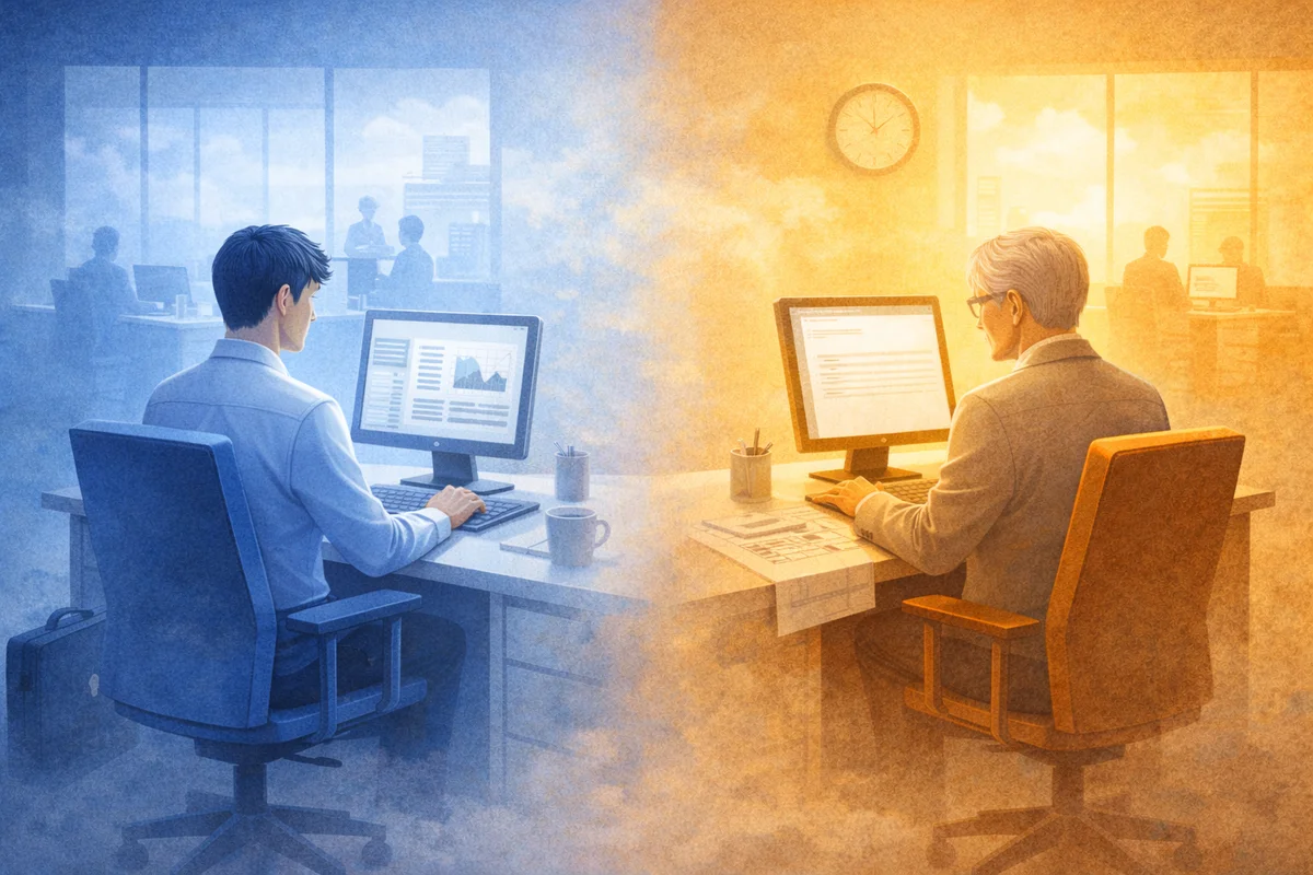 青と橙の執務空間で世代の異なる二人が働き、雇用区分の違いがにじむ横長イラスト