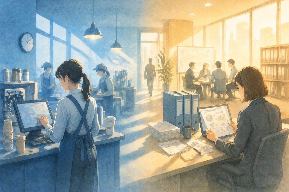 カフェ制服の作業席と資料を扱うデスクが一つの空間に並び、働き方と責任の違いが奥行きでにじむ横長イラスト