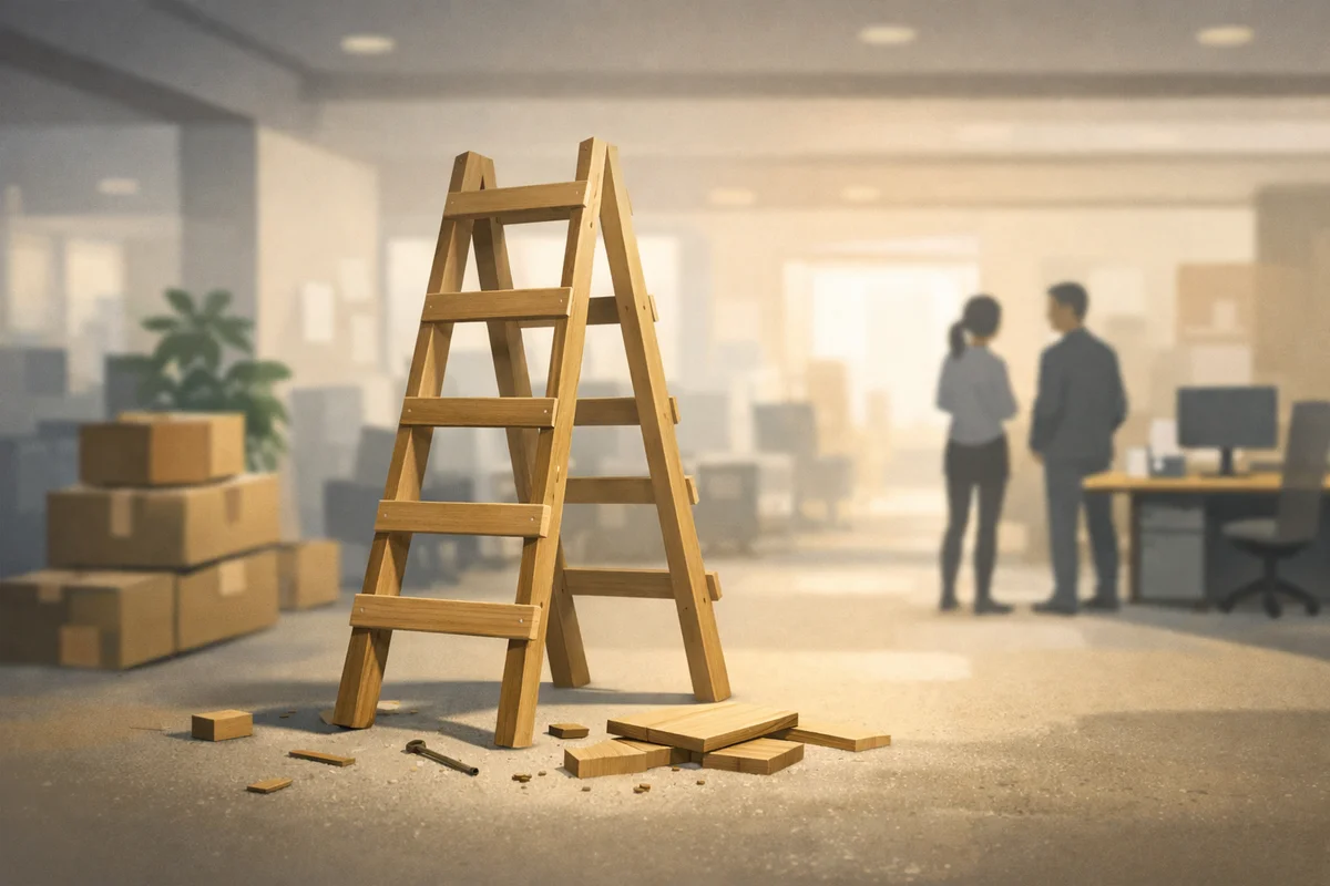 未完成の木製はしごが手前に立ち、奥のオフィスに人影と机がぼけて続く、奥行きのある静かな空間