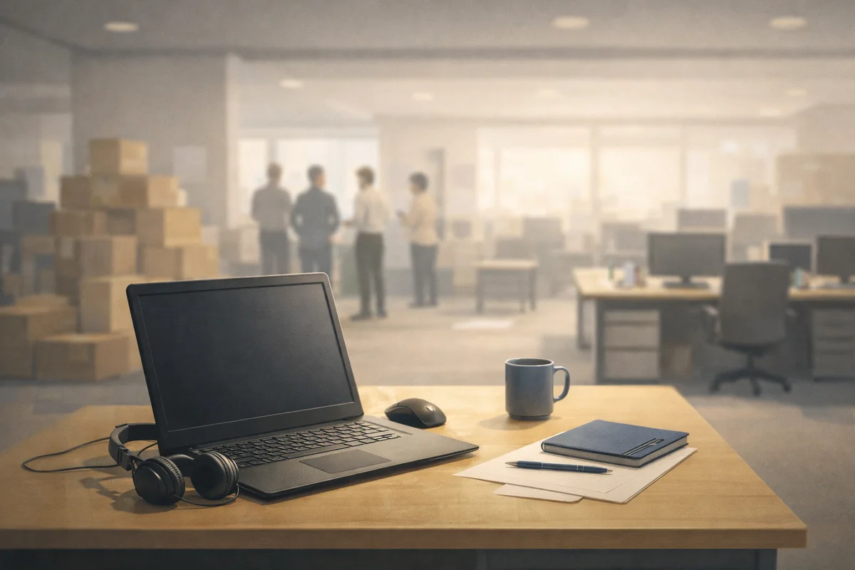 机上のノートPCと書類が手前に置かれ、奥のオフィスに人影と箱がぼけて広がる静かな室内空間