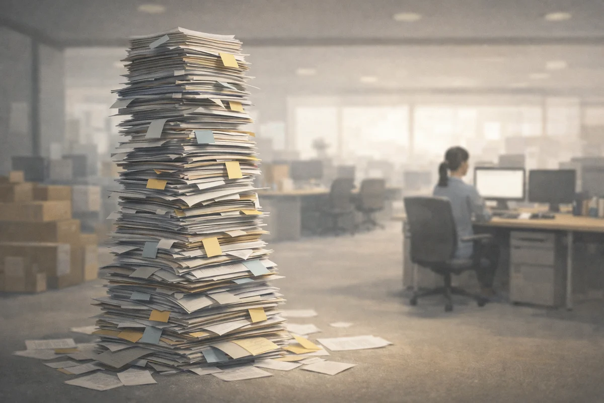 大量の書類の山が手前に積み上がり、奥のデスクで働く人物がぼけて見えるオフィス空間