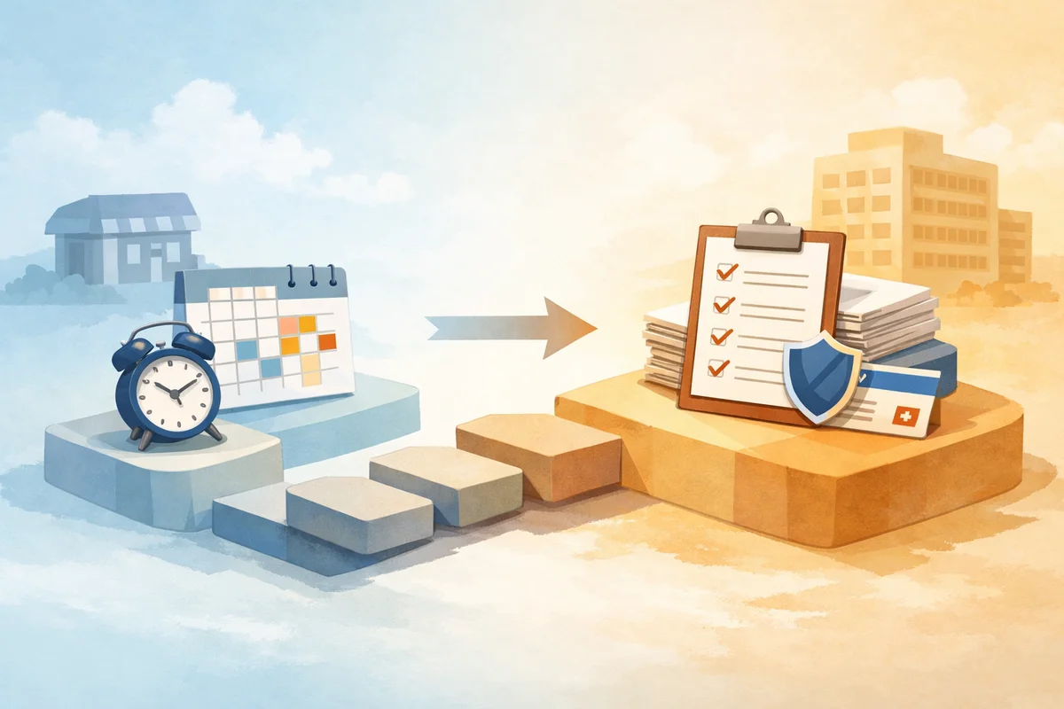 時計と勤務表から書類と保険証へつながる、働き方の違いを静かな奥行きで示す横長イラスト