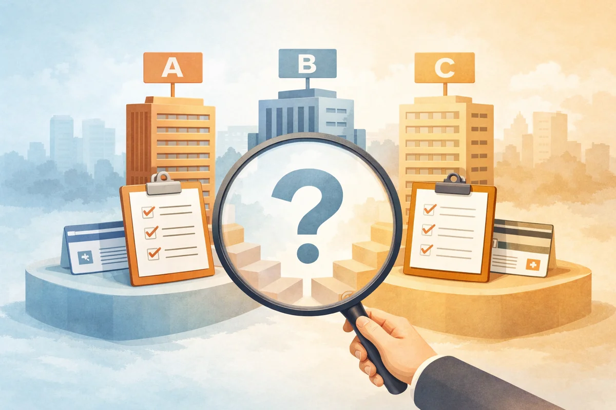 棚に並ぶ書類や箱を大きな円形レンズ越しに見る、会社ごとの違いを探る横長空間イラスト