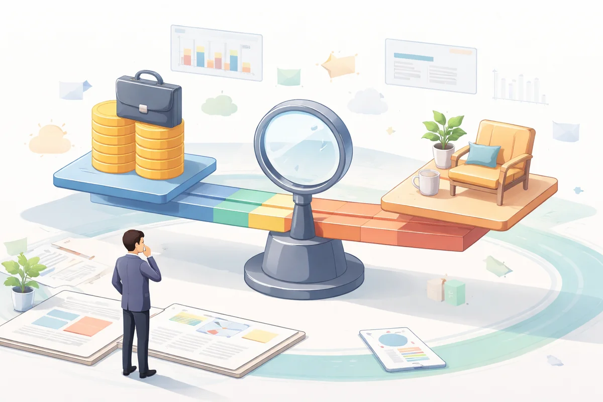 硬貨の山と休息の椅子を載せた天秤を前に、働き方の続けやすさと収入の軸を考える空間