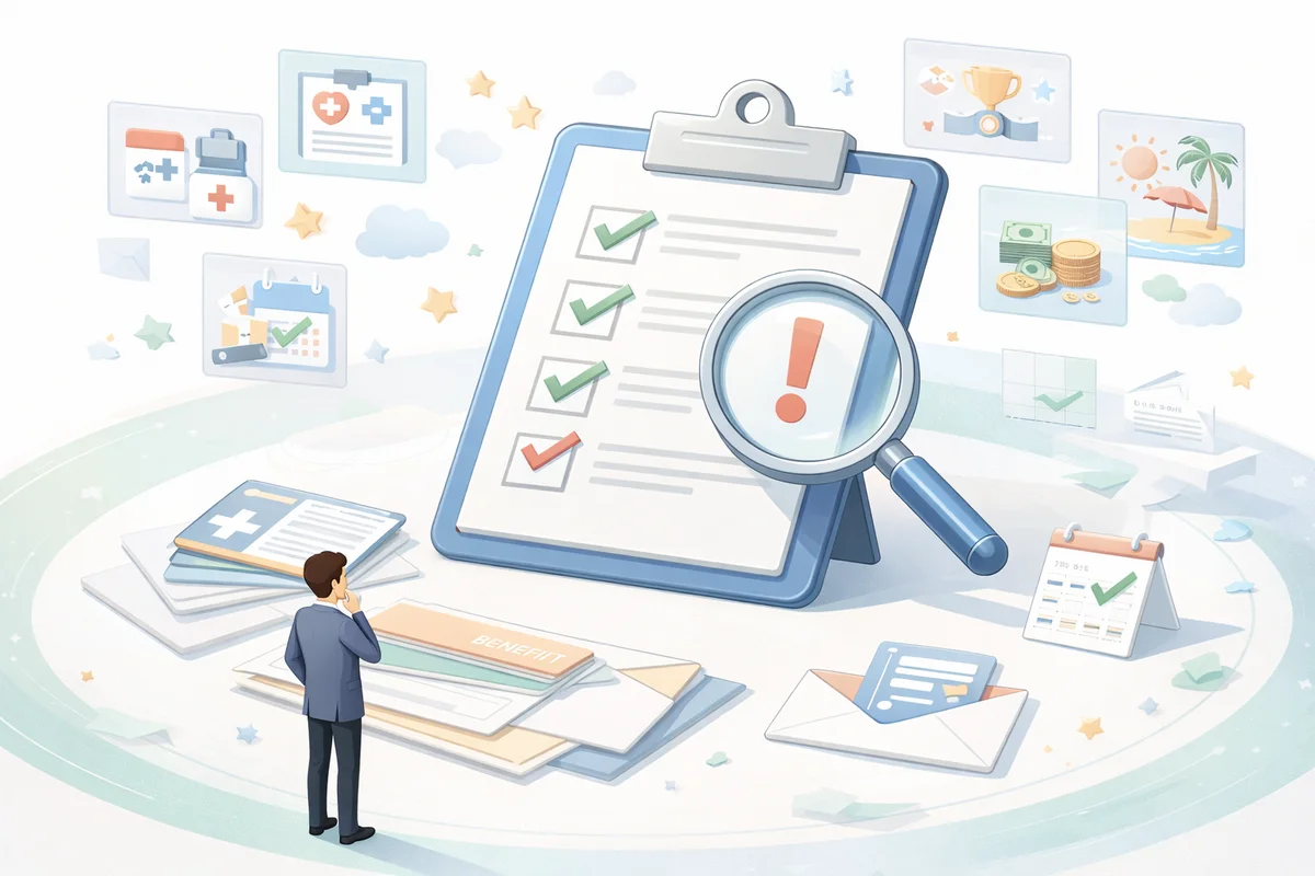 福利厚生の確認書類を拡大鏡で見直す大きなクリップボードが中心にある整理途中の職場風景