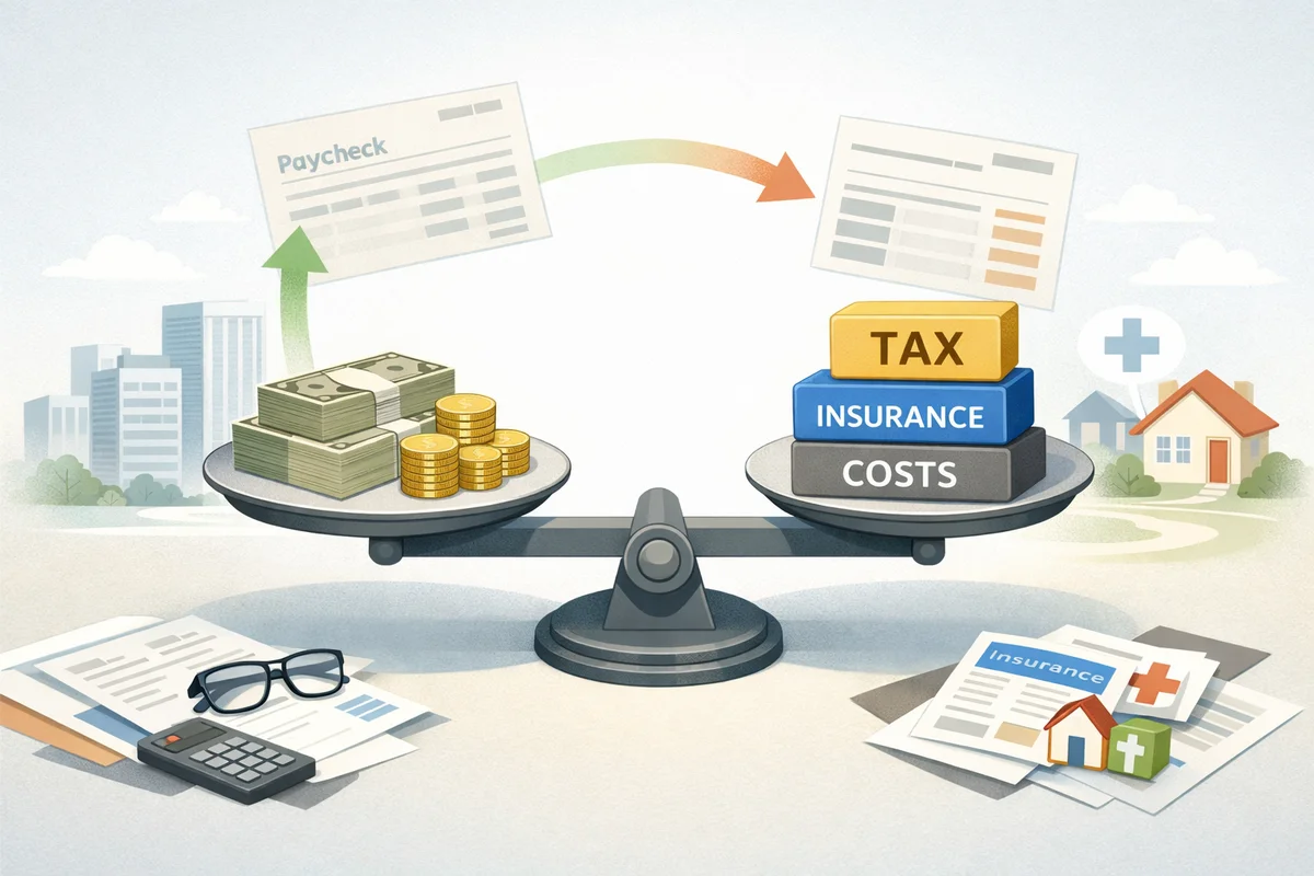 報酬の束と税金・保険の負担が一つの天秤で釣り合い、手取り差を考えさせる横長イラスト