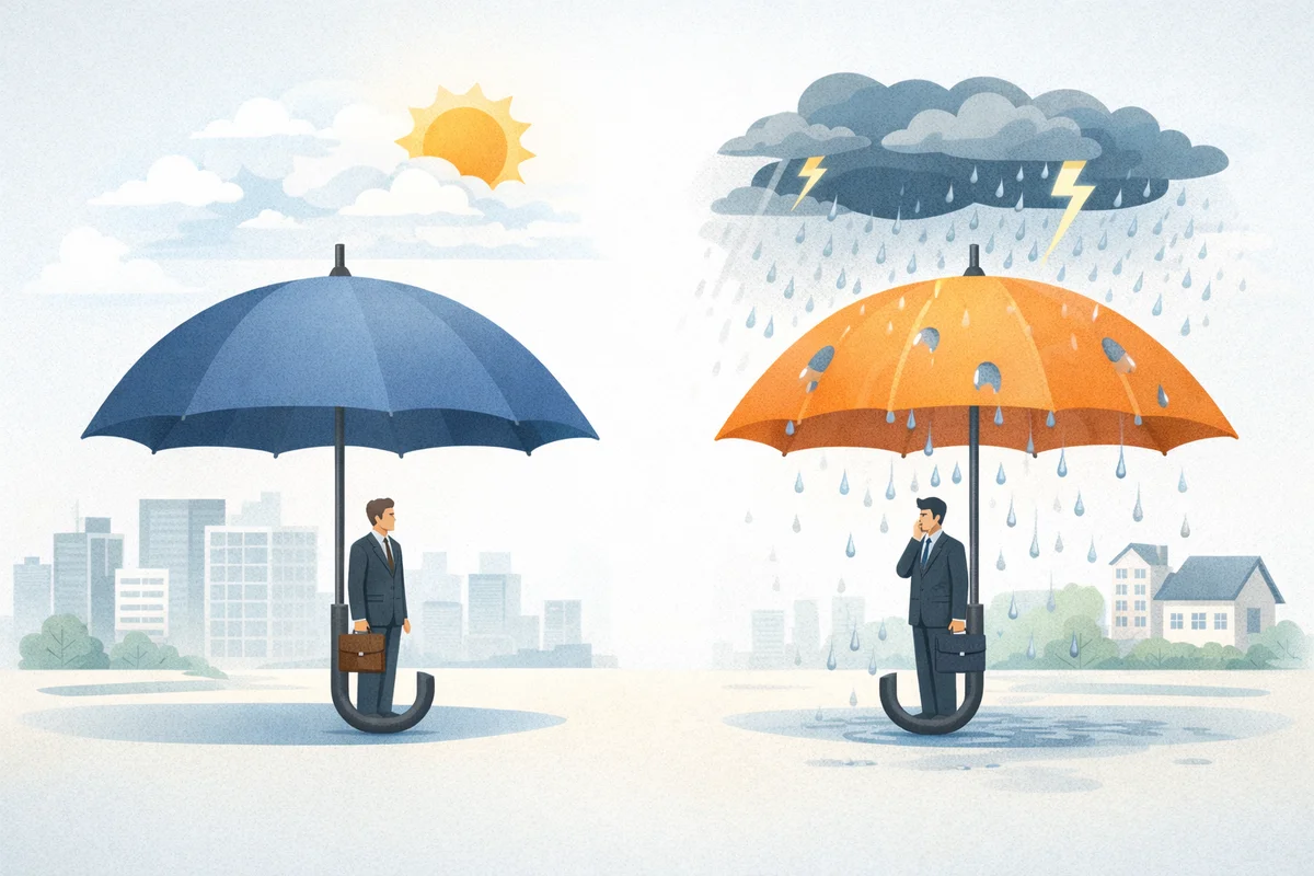 青と橙の大きな傘が別々の空間に立ち、派遣の無期雇用と有期雇用の安定感の違いを示す横長イラスト